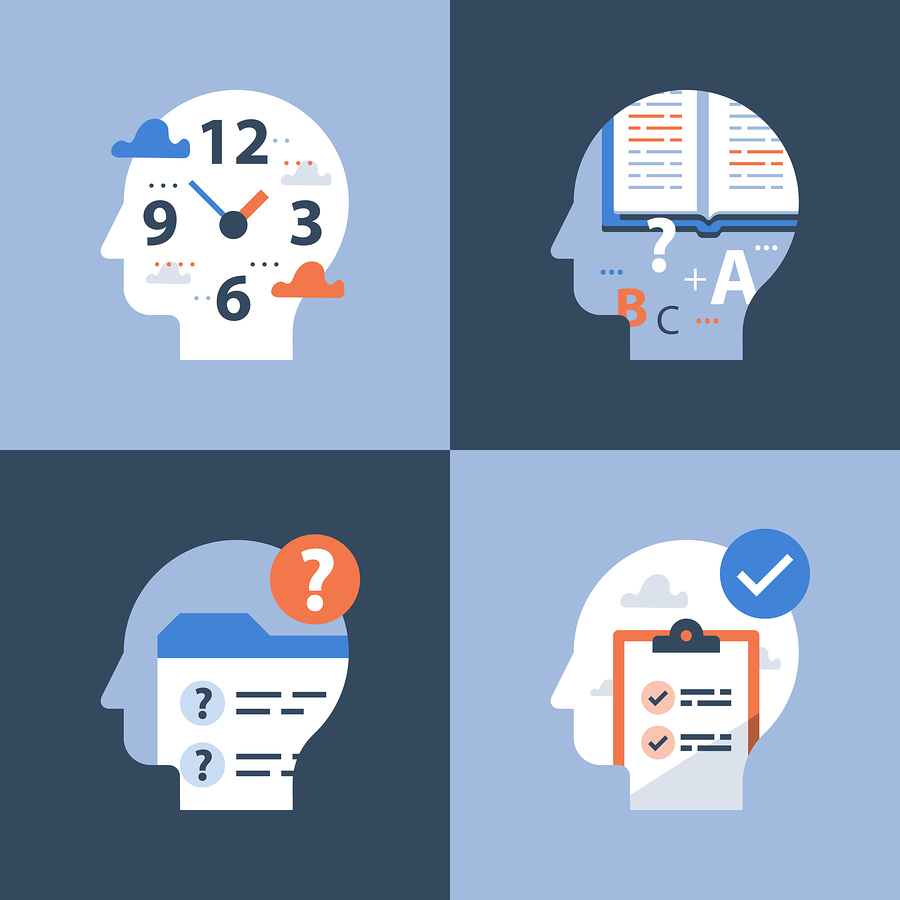 Four outlines of side of head with diagrams, one with clock, one with book and letters, one with big question mark, one with clipboard and big tick