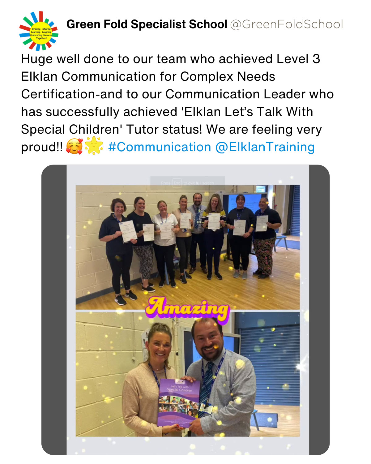 Huge well done to our team who achieved Level 3 Elklan Communication for Complex Needs Certification - and to our Communication Leader who has successfully achieved 'Elklan Let's Talk With Special Children' Tutor status! We are very proud!!
